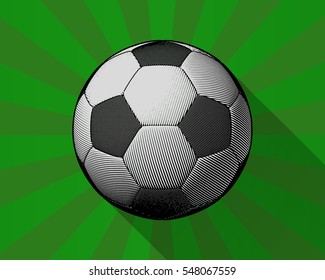 Isolated engraving soccer ball or football illustration on shining green background