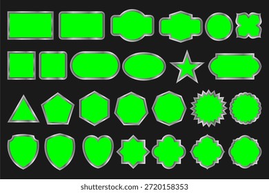 Isolated EPS vector illustration set of silver and chrome metallic frames, labels, and badges with green screen chroma key templates for digital design and video production.
