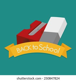 an isolated eraser and a sharpener with a ribbon with text on a colored background
