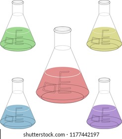 Isolated, Erlenmeyer Flask with Empty/Colored Liquid Vector Graphic 5 Pack, Chemistry Tool, Lab Equipment, Science Stuff, Minimal Style, Icon, Symbol, STEM Education, Magic Potion, Round Bottle