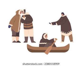 Isolated Eskimo Characters Riding Boat, Greeting Each Other With Nose-to-nose Touch, Gesturing. Inuit People Lifestyle