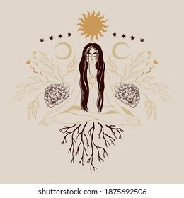 Isolated esoteric boho vector illustration. Spiritual growth, sun, moon, woman, botanical print, poster, banner, greeting card.