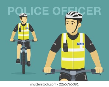 Isolated european bicycle patrol. Police officer on bike. Perspective front view. Flat vector illustration template.