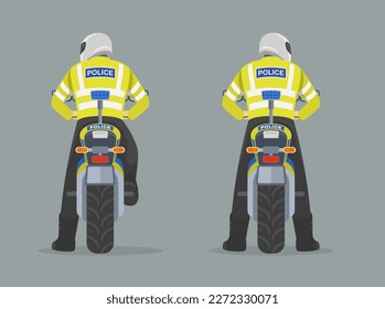 Isolated european motorcycle patrol officer looks right and left. Back view of a traffic police officer on motorbike. Flat vector illustration template.  