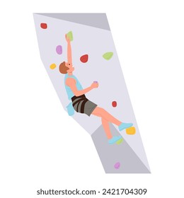 Isolated excited man climber cartoon character hanging on hands gripping stones on artificial rock