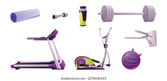 Isolated exercise set for fitness club interior on white background. Treadmill, yoga mat, dumbbell and elliptical trainer sport equipment for gym. Water bottle and tool for train muscle