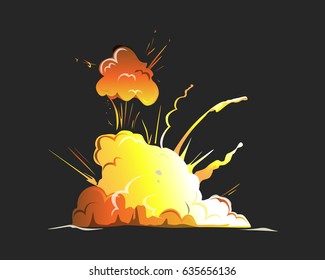Isolated explosion icon on black background. Cartoon comic boom effect.