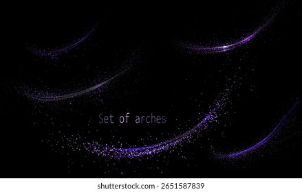 Componente de diseño exquisito aislado, conjunto de arcos púrpuras sobre fondo negro