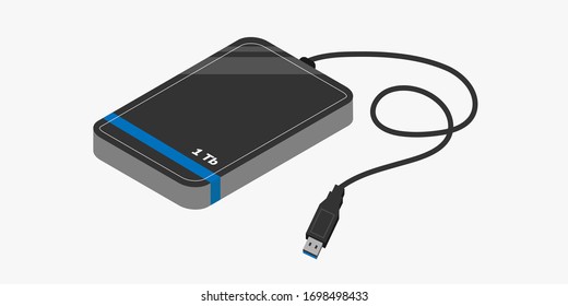 Isolated external hard drive with USB connector isometric. Vector illustration.