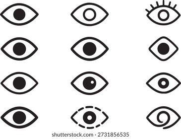 Conjunto de iconos de ojos aislados, cuadrícula de iconos de ojos, ojos, vista, Vector plano mínimo, Formas simples, contorno, iconos negros, interfaz de usuario profesional, alta resolución, diseño, aislado
