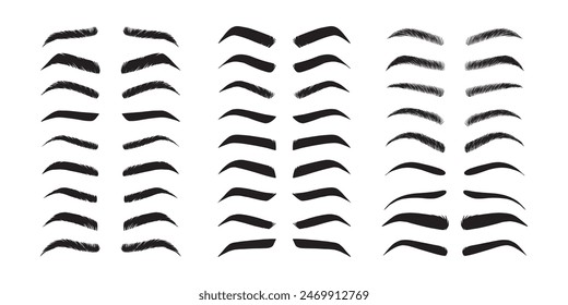  Isolated Eyebrows set Cartoon. Eyebrow makeup template. Classic brow makeup shaping vector set. Various eyebrows types. shapes, thin, thick, curved eyebrows set. . Vector illustration