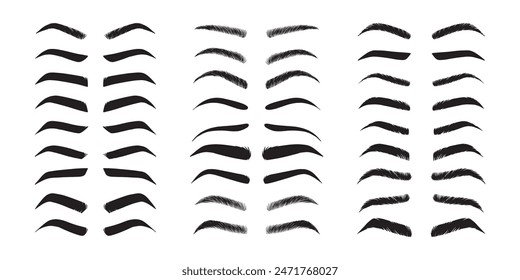  Isolated Eyebrows set Cartoon. Eyebrow makeup template. Classic brow makeup shaping vector set. Various eyebrows types. shapes, thin, thick, curved eyebrows set. . Vector illustration