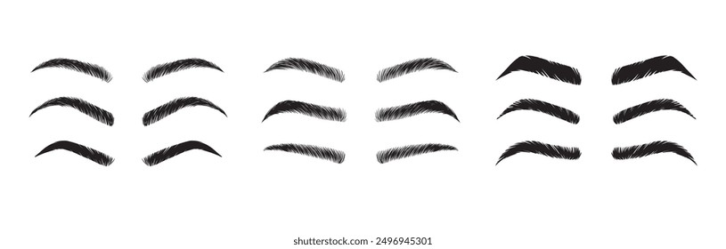  Isolated Eyebrows set Cartoon. Eyebrow makeup template. Classic brow makeup shaping vector set. Various eyebrows types. shapes, thin, thick, curved eyebrows set. . Vector illustration