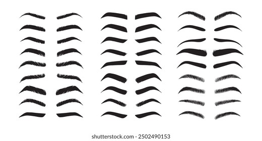  Isolated Eyebrows set Cartoon. Eyebrow makeup template. Classic brow makeup shaping vector set. Various eyebrows types. shapes, thin, thick, curved eyebrows set. . Vector illustration