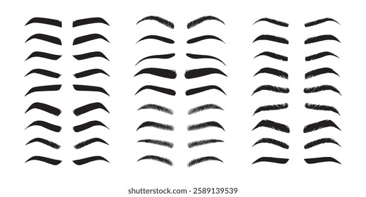  Isolated Eyebrows set Cartoon. Eyebrow makeup template. Classic brow makeup shaping vector set. Various eyebrows types. shapes, thin, thick, curved eyebrows set. . Vector illustration