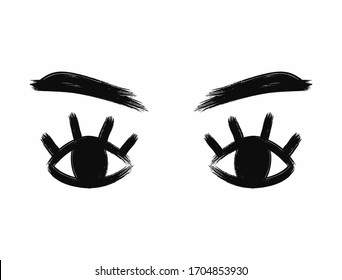 Isolated eyes with brows and lashes drawn with a watercolor brush. Sketch, paint, ink. Vector illustration.