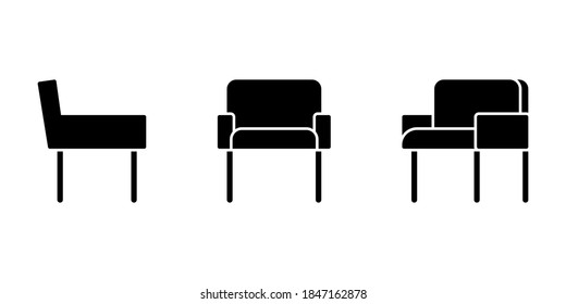Isolated fabric office chair vector illustration icon pictogram set. Front, side view silhouette