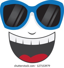 Isolated face with blue sunglasses laughing