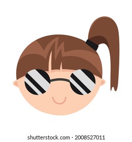 Isolated face cool little cute girl in sunglasses. Smiling child's face. Element, clipart for emoji sticker. Joyful teenager on summer vacation. Cool bright icon for profile image, avatar
