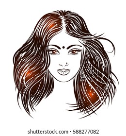 Isolated face Indian girl with luxurious hair.