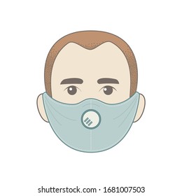 Isolated face of a man with orange hair, in protective medical mask against viruses and odours, a boy in a turquoise respirator to prevent infection, to stop the spread of coronavirus, quarantine 