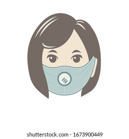 Isolated face of women with dark hair, in protective medical mask against viruses and odours, a brunette in a turquoise respirator to prevent infection, to stop the spread of coronavirus, quarantine 