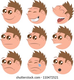 Isolated faces with brown hair. Different emotions for each face.