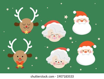 Isolated faces of christmas characters flat vector illustrations set. Santa Claus and his wife Mrs Claus, Rudolph the reindeer. Couple of old people