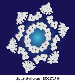 Isolated falling snowflake on blue background. Effective concept with expressive forms and colors. Vector illustration - decoration. White abstract paper craft 3d ornament for banners, greeting cards.
