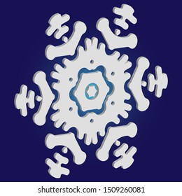 Isolated falling snowflake on blue background. Vector illustration - poster. Cool concept with expressive forms and colors. White abstract paper craft 3d ornament for banners, greeting cards.