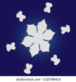 Isolated falling snowflake on blue background. Magic concept with expressive forms and colors. Vector illustration - wallpaper. White abstract paper craft 3d ornament for banners, greeting cards.