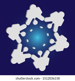 Isolated falling snowflake on blue background. Vector illustration - wallpaper. Magic concept with expressive forms and colors. White abstract paper craft 3d ornament for banners, greeting cards.