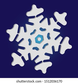 Isolated falling snowflake on blue background. Vector illustration - icon. Abstract concept with expressive forms and colors. White abstract paper craft 3d ornament for banners, greeting cards.