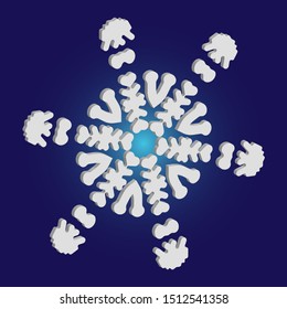 Isolated falling snowflake on blue background. Geometric concept with expressive forms and colors. Vector illustration - pattern. White abstract paper craft 3d ornament for banners, greeting cards.