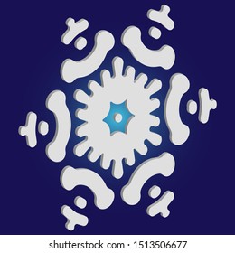 Isolated falling snowflake on blue background. Clean concept with expressive forms and colors. Vector illustration - graphics. White abstract paper craft 3d ornament for banners, greeting cards.