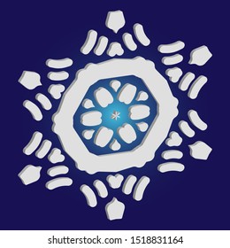 Isolated falling snowflake on blue background. Vector illustration - template. Original concept with expressive forms and colors. White abstract paper craft 3d ornament for banners, greeting cards.