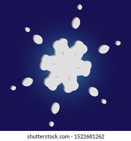 Isolated falling snowflake on blue background. Minimal concept with expressive forms and colors. Vector illustration - poster. White abstract paper craft 3d ornament for banners, greeting cards.