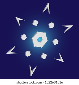 Isolated falling snowflake on blue background. Vector illustration - template. Original concept with expressive forms and colors. White abstract paper craft 3d ornament for banners, greeting cards.