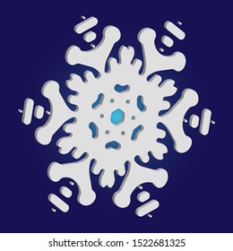 Isolated falling snowflake on blue background. Clean concept with expressive forms and colors. Vector illustration - frame. White abstract paper craft 3d ornament for banners, greeting cards.