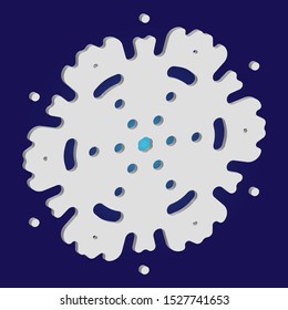 Isolated falling snowflake on blue background. Original concept with expressive forms and colors. Vector illustration - postcard. White abstract paper craft 3d ornament for banners, greeting cards.