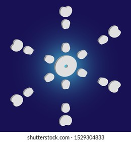 Isolated falling snowflake on blue background. Vector illustration - overlay. Creative concept with expressive forms and colors. White abstract paper craft 3d ornament for banners, greeting cards.