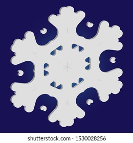 Isolated falling snowflake on blue background. Vector illustration - decoration. Colorful concept with expressive forms and colors. White abstract paper craft 3d ornament for banners, greeting cards.