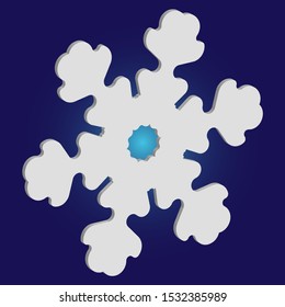 Isolated falling snowflake on blue background. Vector illustration - frame. Colorful concept with expressive forms and colors. White abstract paper craft 3d ornament for banners, greeting cards.