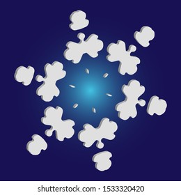 Isolated falling snowflake on blue background. Cool concept with expressive forms and colors. Vector illustration - icon. White abstract paper craft 3d ornament for banners, greeting cards.