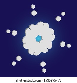 Isolated falling snowflake on blue background. Vector illustration - graphics. Magic concept with expressive forms and colors. White abstract paper craft 3d ornament for banners, greeting cards.