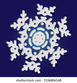 Isolated falling snowflake on blue background. Vector illustration - texture. Abstract concept with expressive forms and colors. White abstract paper craft 3d ornament for banners, greeting cards.