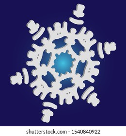 Isolated falling snowflake on blue background. Vector illustration - overlay. Clean concept with expressive forms and colors. White abstract paper craft 3d ornament for banners, greeting cards.