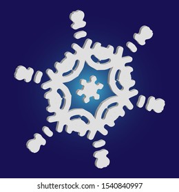 Isolated falling snowflake on blue background. Geometric concept with expressive forms and colors. Vector illustration - overlay. White abstract paper craft 3d ornament for banners, greeting cards.