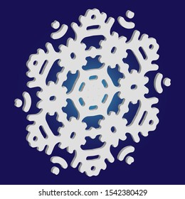 Isolated falling snowflake on blue background. Vector illustration - art. Cool concept with expressive forms and colors. White abstract paper craft 3d ornament for banners, greeting cards.