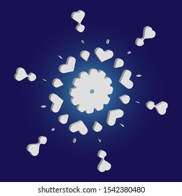 Isolated falling snowflake on blue background. Effective concept with expressive forms and colors. Vector illustration - texture. White abstract paper craft 3d ornament for banners, greeting cards.